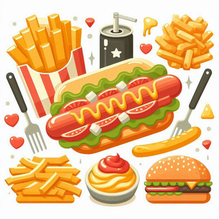Fast food set with hot dog, french fries and hamburger. Vector illustrationのイラスト素材