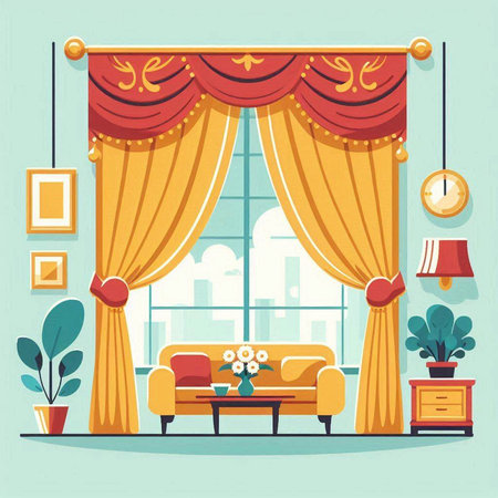 Interior of living room with curtains, sofa, window and plants. Flat vector illustration.のイラスト素材