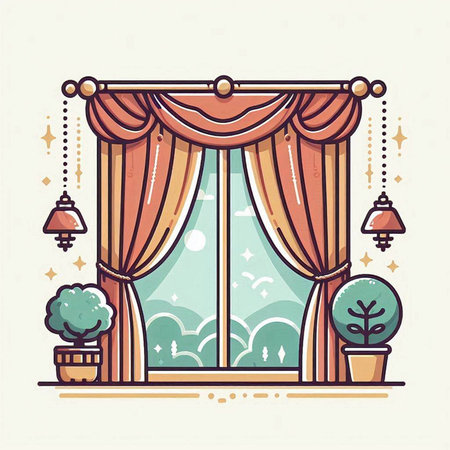 Vector illustration of a window with curtains, flowers and plants in pots.のイラスト素材