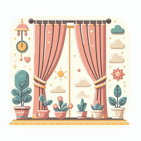 Vector illustration of window with curtains and flowers in pots on white backgroundのイラスト素材
