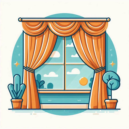 Window with curtains and plants. Vector illustration in flat cartoon style.のイラスト素材