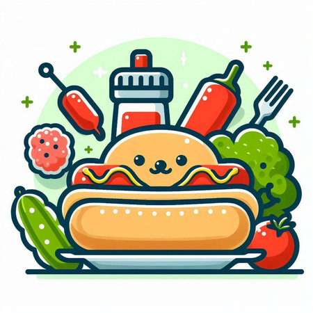 Fast food vector illustration in cartoon style. Hot dog with vegetables and sauces.のイラスト素材