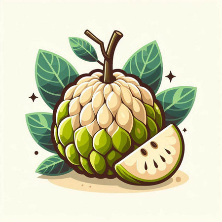 Custard apple with green leaves. Vector illustration on white background.のイラスト素材