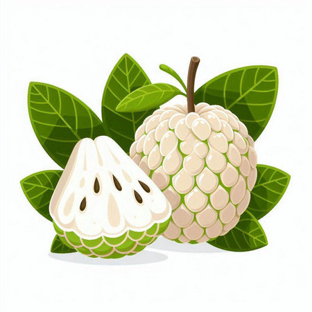 Custard apple with leaves on white background. Vector illustration.のイラスト素材