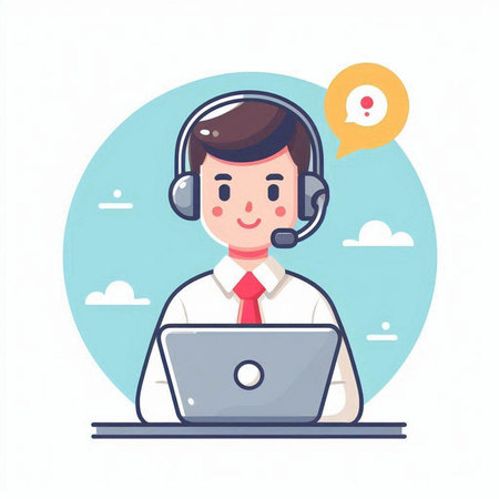 Call center operator with headset and laptop. Vector illustration in flat styleのイラスト素材
