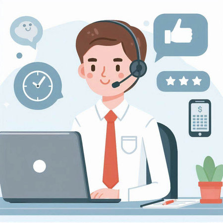 Illustration of a male telemarketing agent in a call centerのイラスト素材