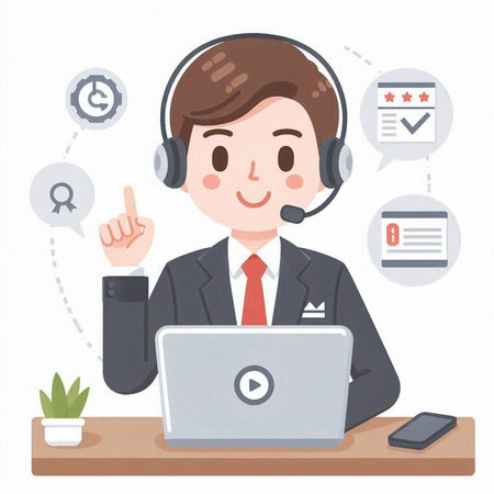 A man in a suit with a headset and a laptop.It's vector art so it's easy to edit.のイラスト素材