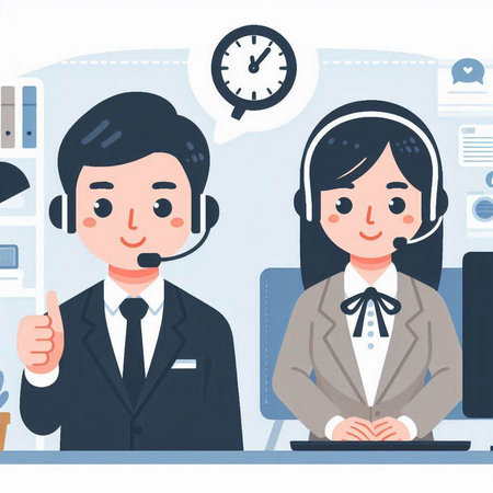 Call center operator with headset and customer service assistant. Vector illustration.のイラスト素材