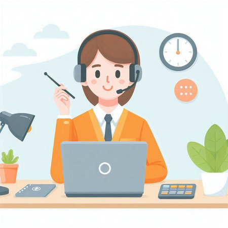 Call center operator at work. Vector illustration in flat cartoon style.のイラスト素材
