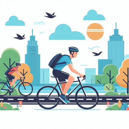 Cyclist in the city. Vector illustration in flat style.のイラスト素材