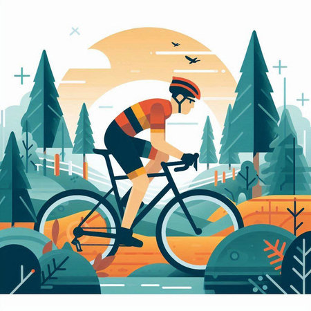 Cyclist riding bicycle in forest flat vector illustration. Cartoon man in helmet riding bike on road. Outdoor activity, healthy lifestyle conceptのイラスト素材