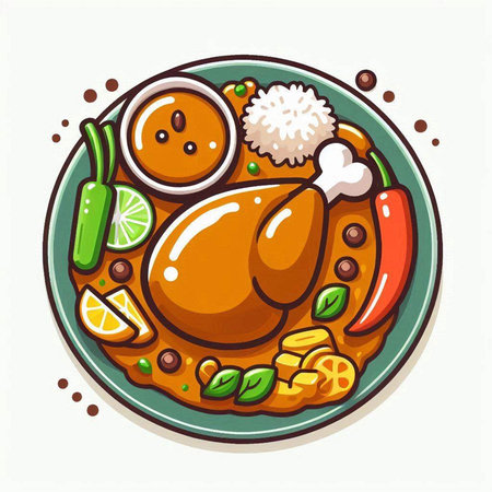 Illustration of chicken soup with rice and vegetables on white background.のイラスト素材