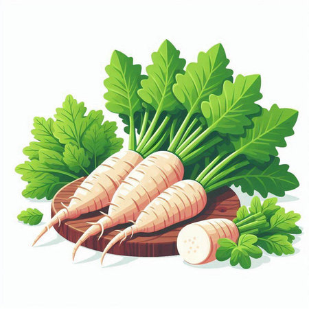 Fresh carrots with green leaves on a wooden board. Vector illustration.のイラスト素材