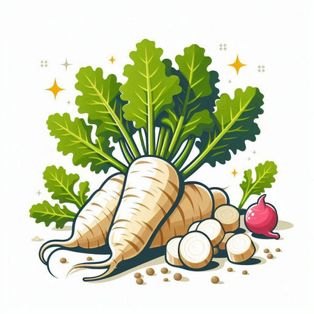 Fresh parsnip with green leaves and radishes. Vector illustration.のイラスト素材