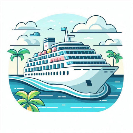 Cruise ship on the sea. Vector illustration in flat style.のイラスト素材