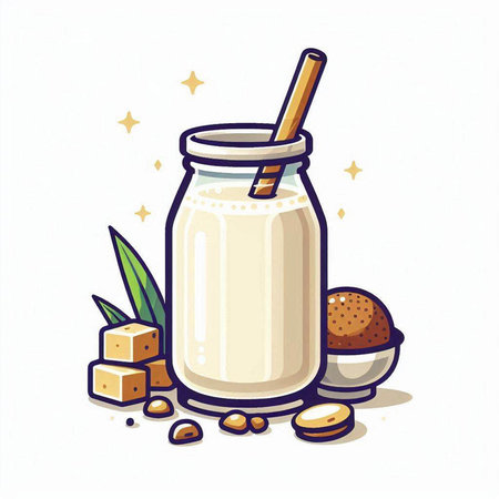 Milk in a glass jar with a straw. Vector illustration.のイラスト素材
