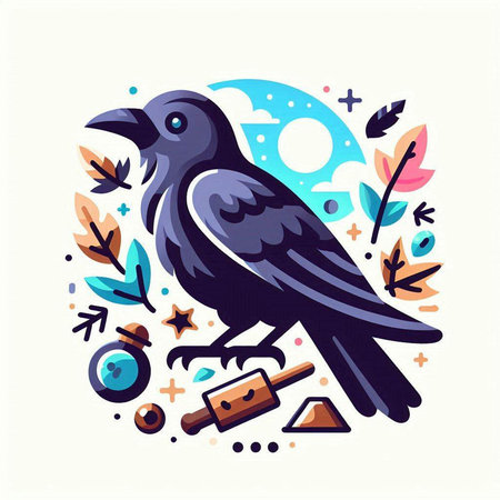 Crow on the background of the moon and stars. Vector illustration.のイラスト素材