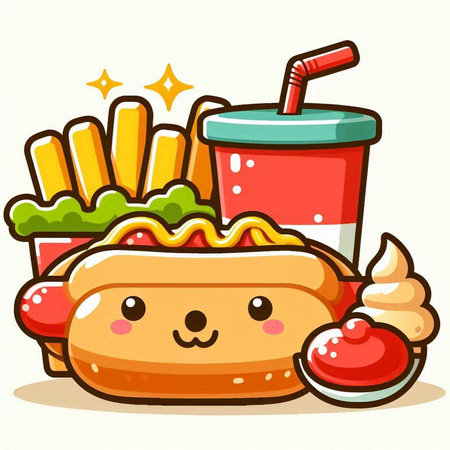 Illustration of Cute Hot Dog with French Fries and Soda Drinkのイラスト素材