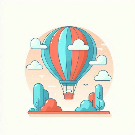 Hot air balloon flying in the sky. Colorful flat vector illustration.のイラスト素材