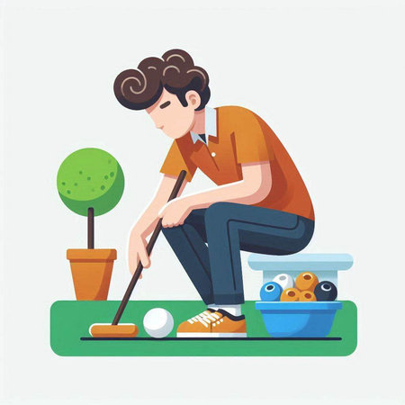 Young man playing golf. Flat style vector illustration on white background.のイラスト素材
