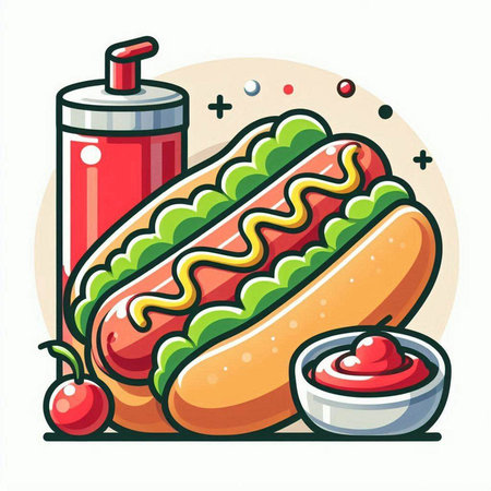 Hot dog with mustard and ketchup. Fast food. Vector illustrationのイラスト素材