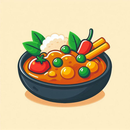 Rice with curry sauce in bowl vector illustration. Asian cuisine.のイラスト素材