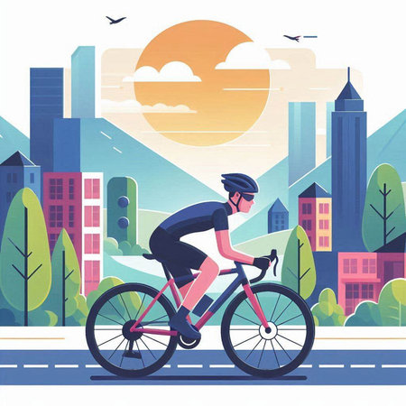 Cyclist riding bike in the city. Flat style vector illustration.のイラスト素材