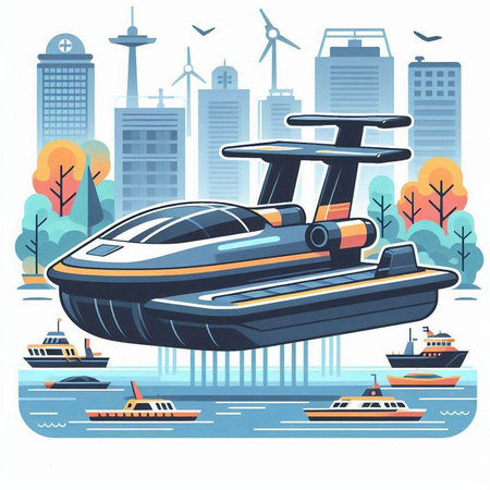 Boat in the city. Vector illustration in flat cartoon style.のイラスト素材