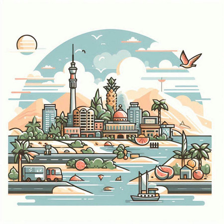 Vector illustration of Dubai cityscape in flat style with skyscrapers, boats and palm trees.のイラスト素材