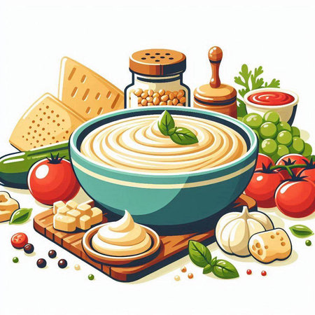 Illustration of a bowl of hummus and ingredients on a white backgroundのイラスト素材