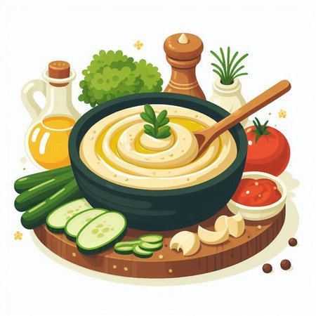 Vector illustration of hummus in a bowl with ingredients for cooking.のイラスト素材