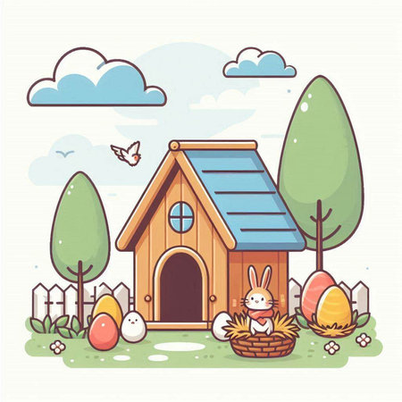 Easter card with cute doghouse, eggs and chickens. Vector illustration.のイラスト素材