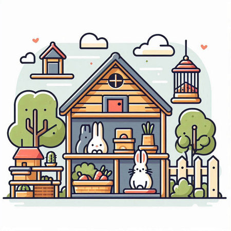 Vector illustration of farm house with rabbit and other animals. Linear style.のイラスト素材