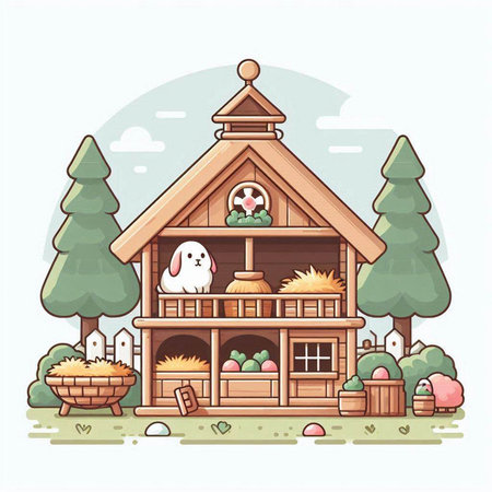 Vector illustration of a cute little wooden house with a dog in the gardenのイラスト素材