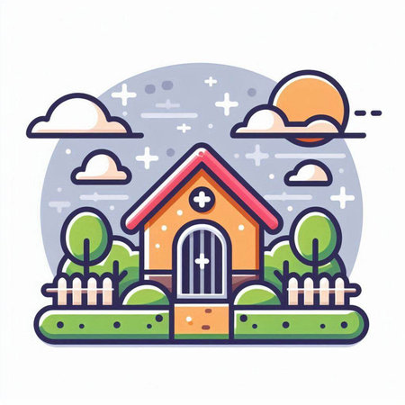 Church in the countryside. Colorful vector illustration in flat style.のイラスト素材