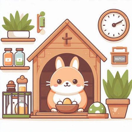 Illustration of a Cute Rabbit in a Dog House. Vectorのイラスト素材