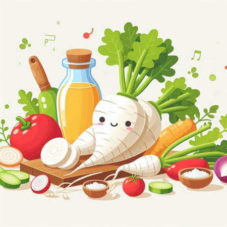 Vector illustration of a cute white radish character with ingredients for vegetable soupのイラスト素材