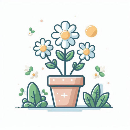 Flowerpot with daisies. Vector illustration in flat styleのイラスト素材