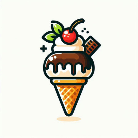 Ice cream in waffle cone with cherry and chocolate, vector illustration.のイラスト素材