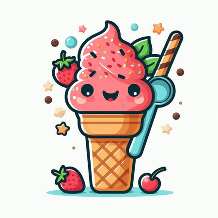 Cute strawberry ice cream in waffle cone. Vector illustration.のイラスト素材