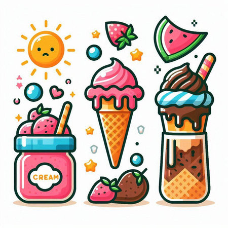 Set of different ice creams and smoothies in jars. Vector illustration.のイラスト素材
