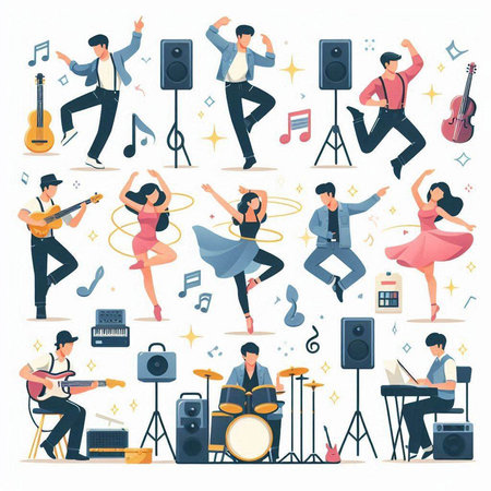 Musical instruments set. Guitarist, saxophonist, singer, guitarist, drummer, rock star. Vector illustrationのイラスト素材