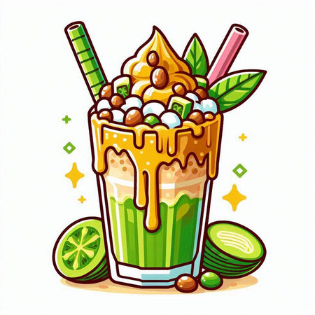 Vector illustration of a glass of kiwi smoothie with whipped cream.のイラスト素材
