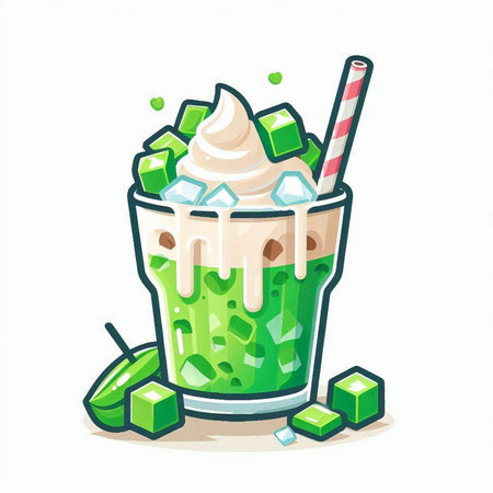 Green tea smoothie with whipped cream and ice cubes. Vector illustration.のイラスト素材