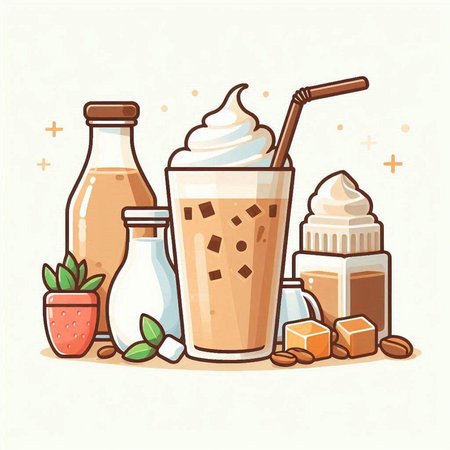 Iced coffee with milk and ice cream. Vector illustration in cartoon style.のイラスト素材