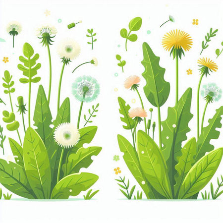 Dandelions and dandelions on a white background. Vector illustration.のイラスト素材