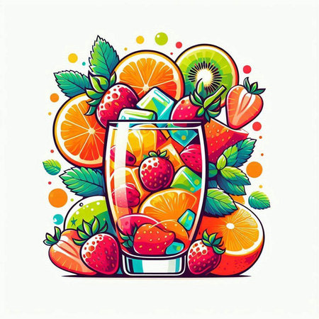 Colorful vector illustration of a glass of fresh juice with fruits and berriesのイラスト素材