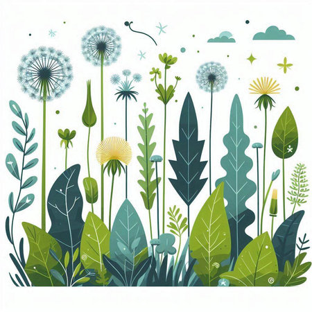 Flower background with dandelions and grass. Vector illustration.のイラスト素材