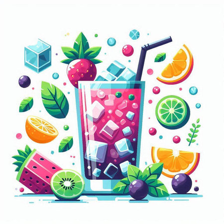 Cocktail with ice cubes, fruits and berries. Vector illustrationのイラスト素材