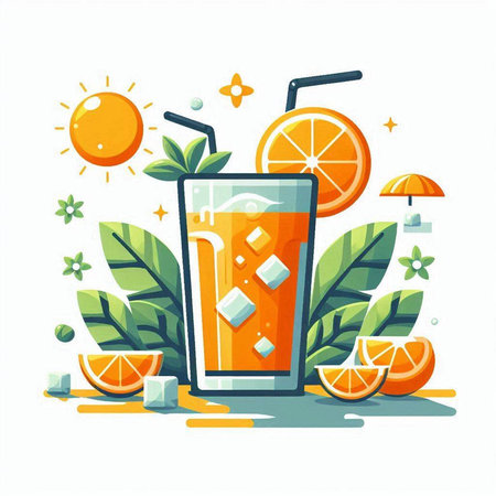 Orange juice in a glass with ice and mint. Vector illustration.のイラスト素材